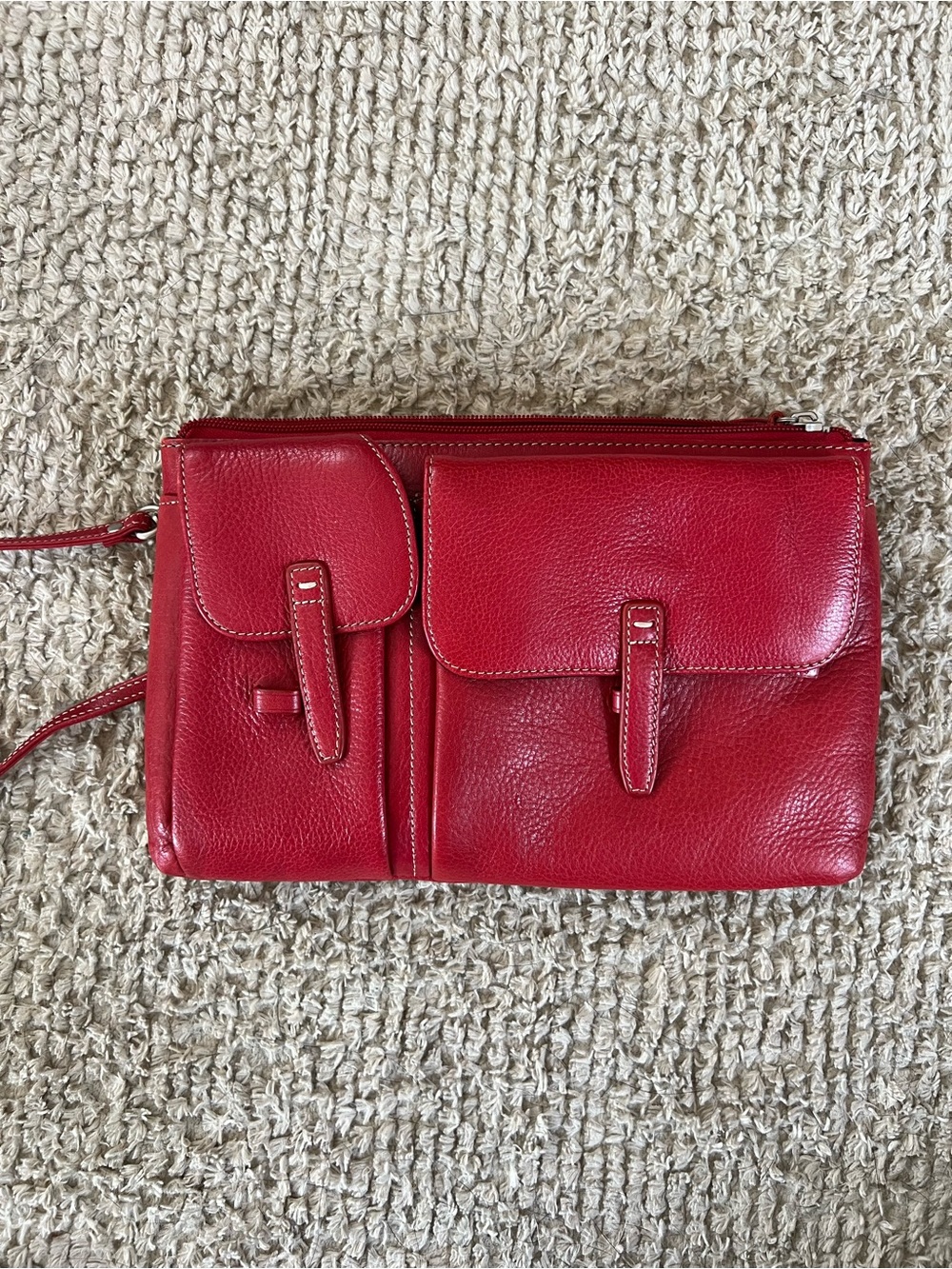 Red Leather Crossbody Bag with Front Flap Pockets